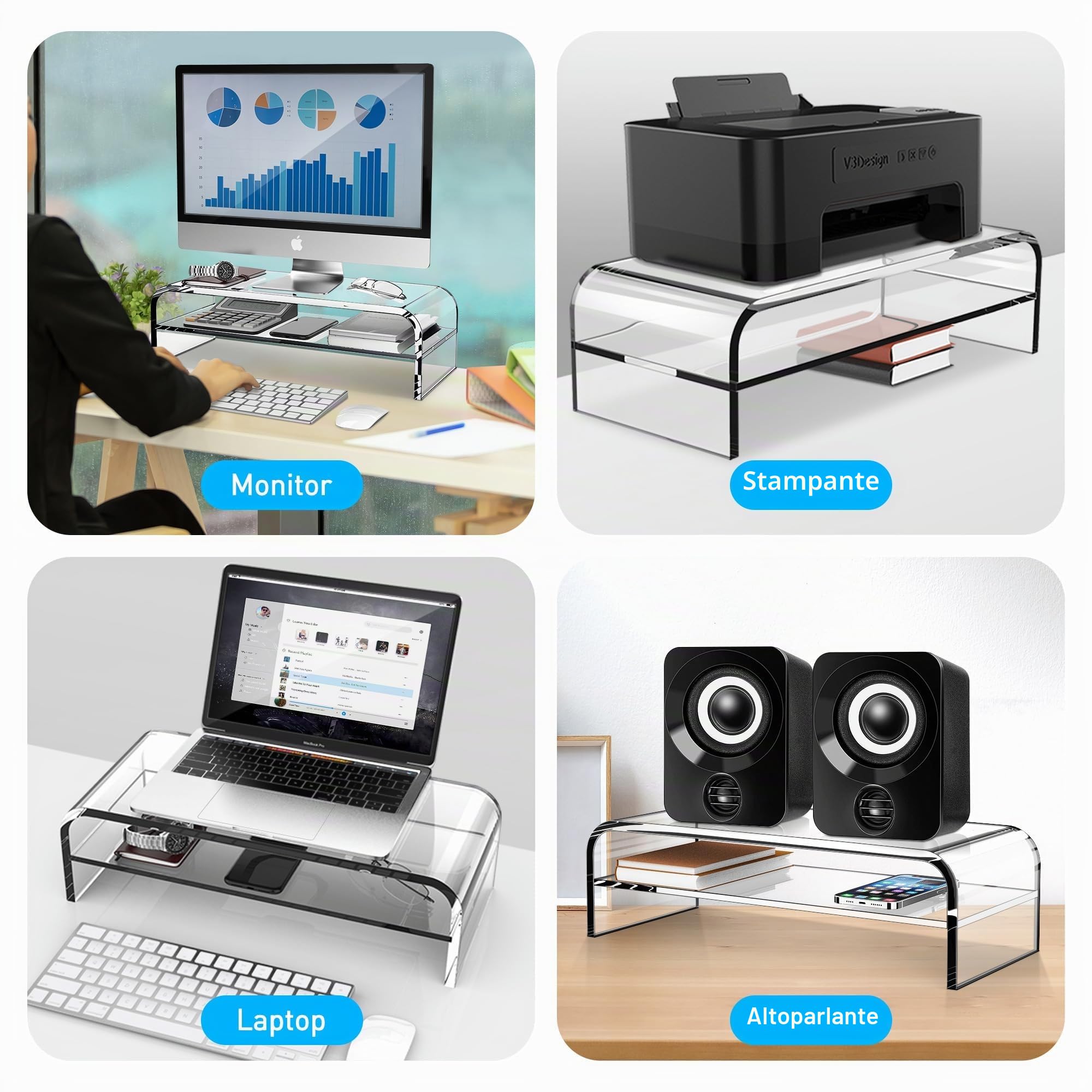 AboveTEK Supporto per Monitor a 2 Ripiani in Acrilico, per Casa, Ufficio, Supporto per Monitor Trasparente per Tastiera 48 x 22 x 14cm