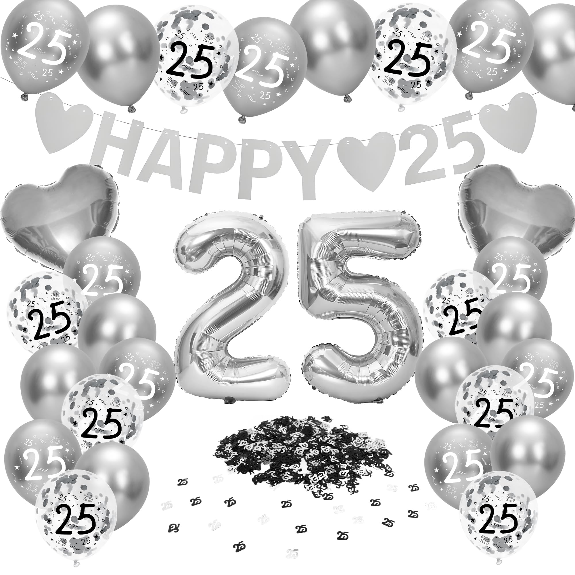 Decoración de bodas de plata, globos de 25 aniversario de boda, globos digitales, 25 pancartas, pancartas felices, confeti de mesa de plata para 25 aniversario, decoración de bodas de plata
