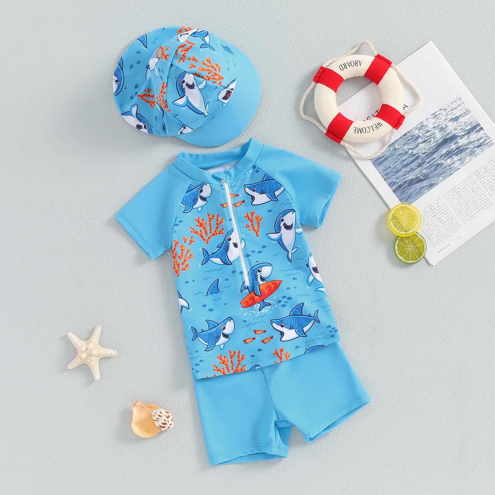 Neonato Costume da Bagno Anti-UV Tee Shirt Manica Corta e Pantaloncini da Bagno con Cappello Set 3 Pezzi Costume Nuoto Piscina