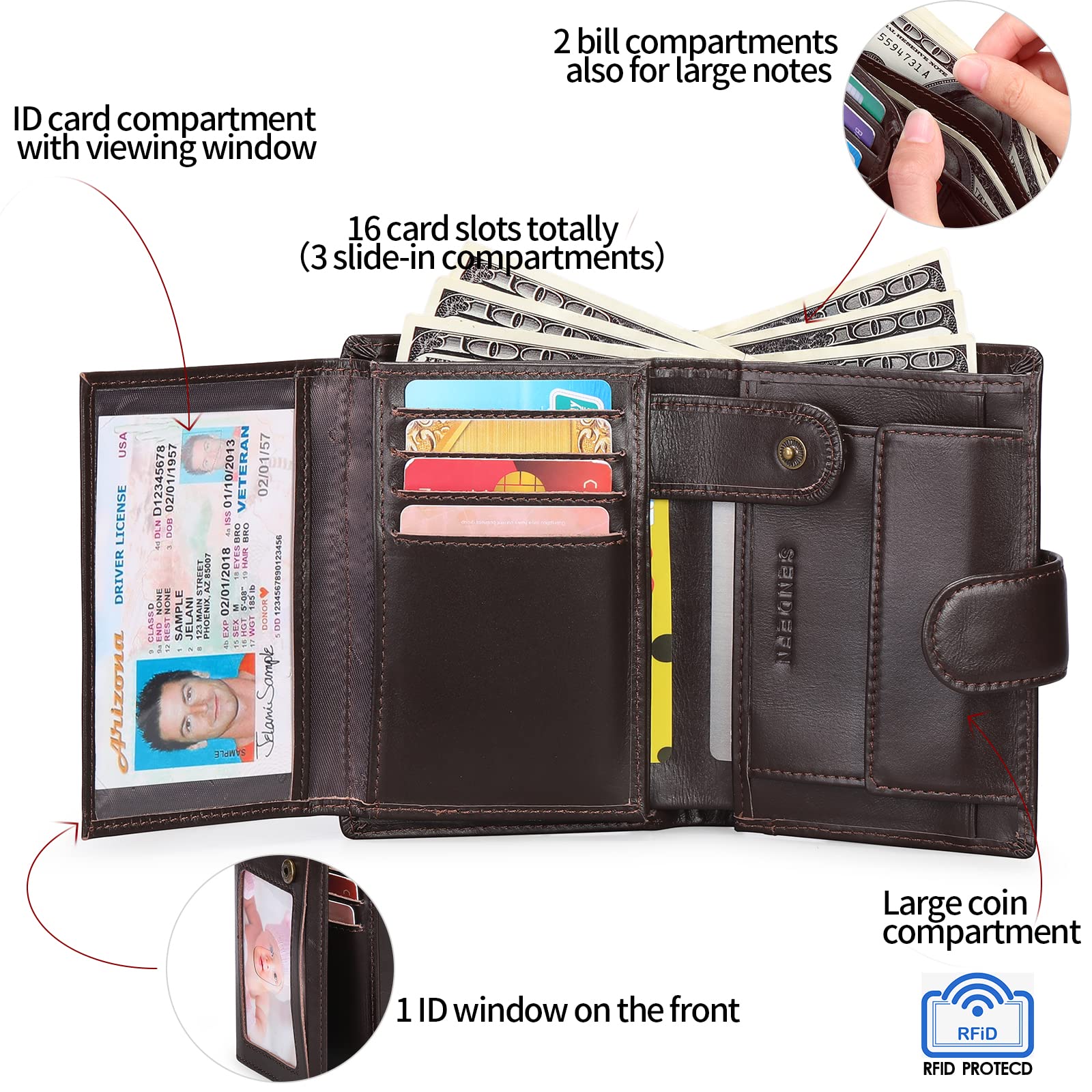 SENDEFN Portefeuille Homme Grand Trifold en Cuir Véritable, Portefeuille pour Homme Blocage RFID avec 19 Emplacements pour Cartes de Crédit, 3 Compartiment à Billets,1 Poche à Monnaie