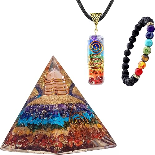 3 in 1 Orgone Pyramid for E-Energy Protection & Healing- meditation orgonite pyramids with Pendant and Bracelet set/crystal chakra set (7 Chakra Big)