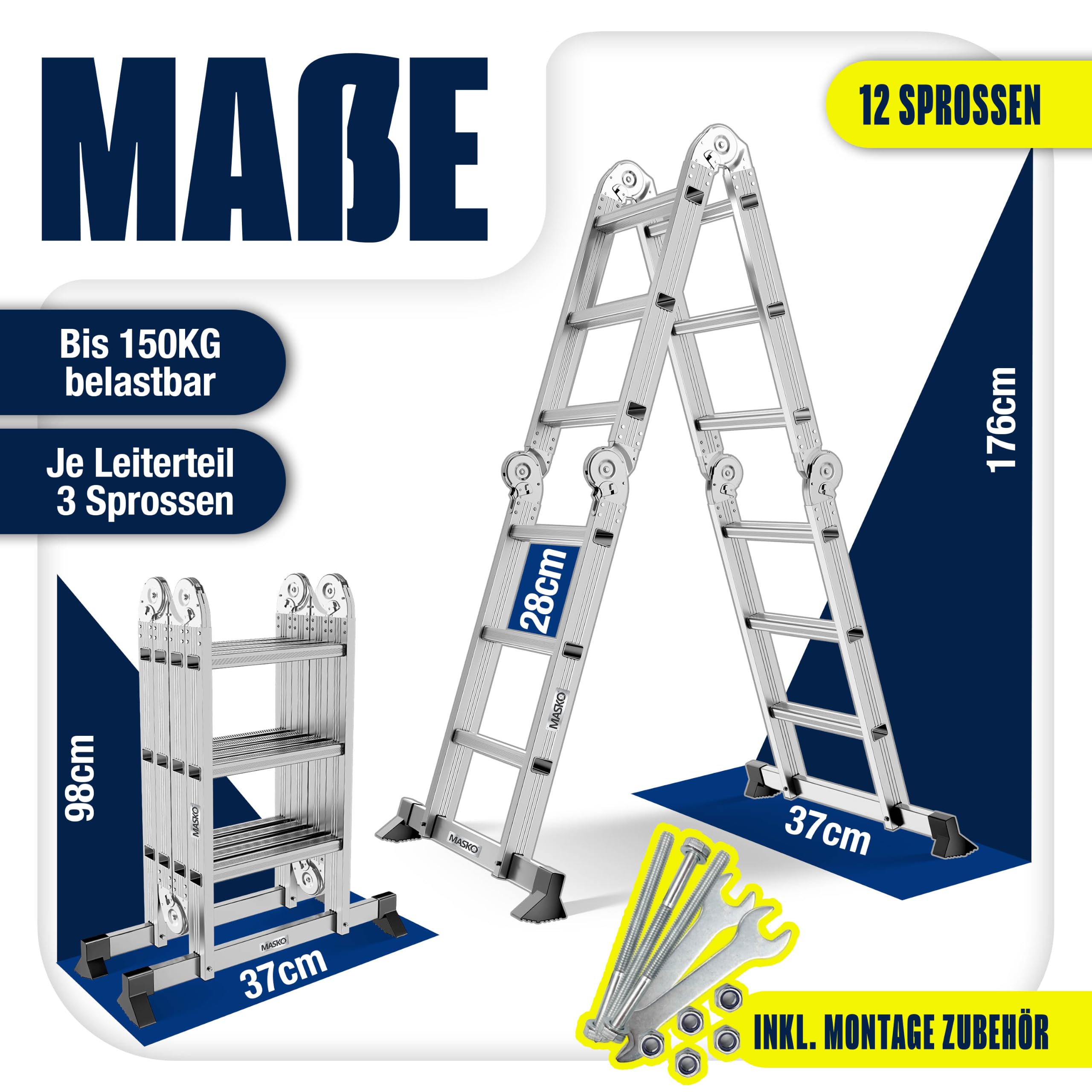 MASKO® Leiter Aluminium 4x3 Stufen, Mehrzweckleiter | - 360 cm | | 150 Kg belastbar, 6in1 multifunktional mit Verriegelung, Gelenkleiter, Anlegeleiter, beidseitige Steh- und Treppenleiter