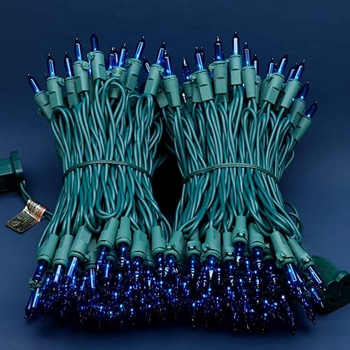 Miniatura 4 de 200 unidades de luces de Navidad azules, paquete de 2 hebras de 100 unidades, 33 pies de cable verde, luces de cadena festivas UL listadas (azul)