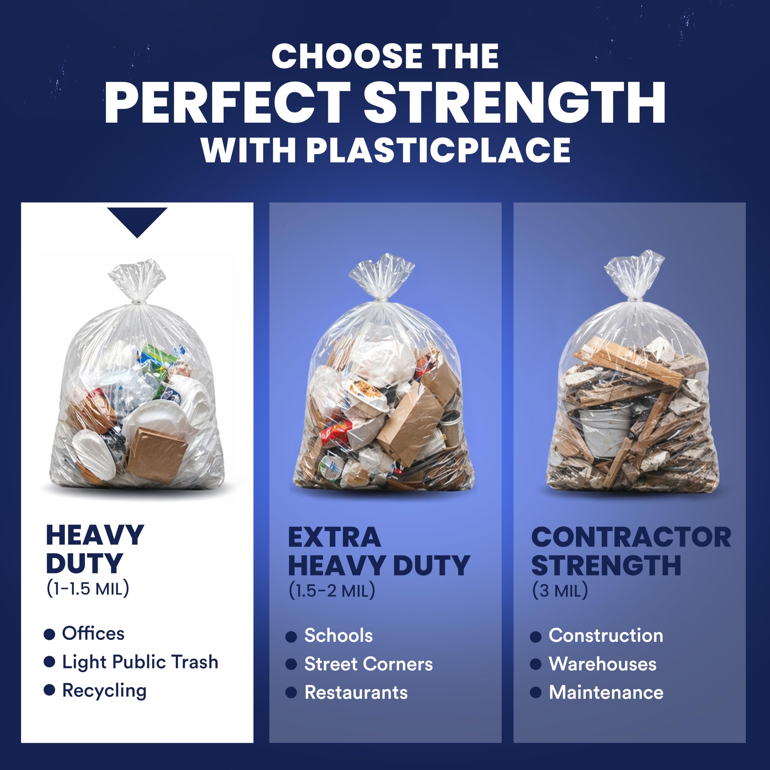Plasticplace Worki na śmieci, przezroczyste worki na śmieci o wysokiej gęstości, wytrzymałe, bez zapachu, duże wkładki do pojemników na śmieci do kuchni, komercyjnego i ogrodu, 16 mikronów, szczelne