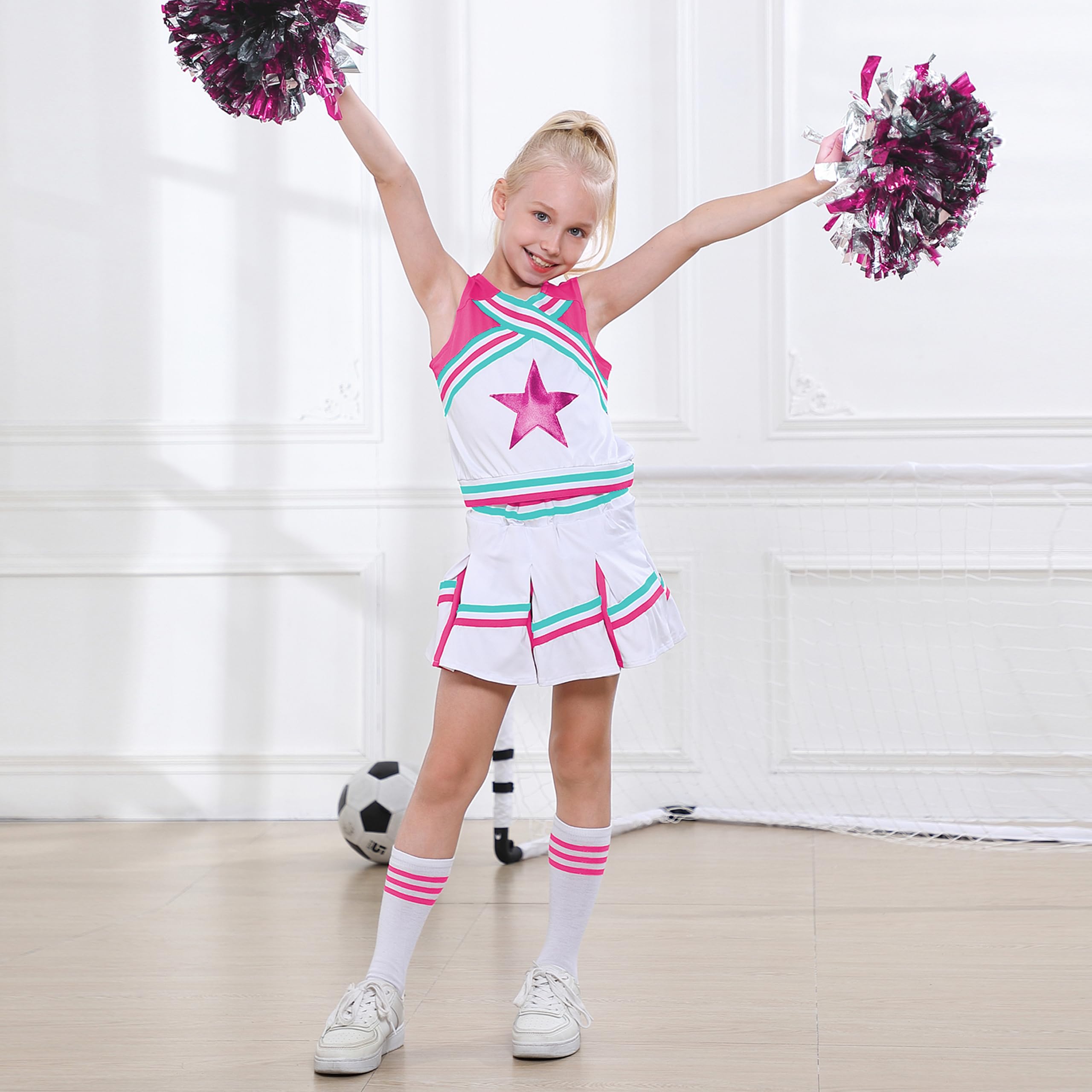 LOLANTA Cheerleading Costumes For Kids Cheer Uniform Girls Uniform Dress Cheer Pink, 8-10