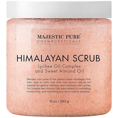 Exfoliante corporal con sal del Himalaya y aceite esencial de lichi de Majestic Pure limpieza natural para exfoliar y humectar la piel 12 onzas