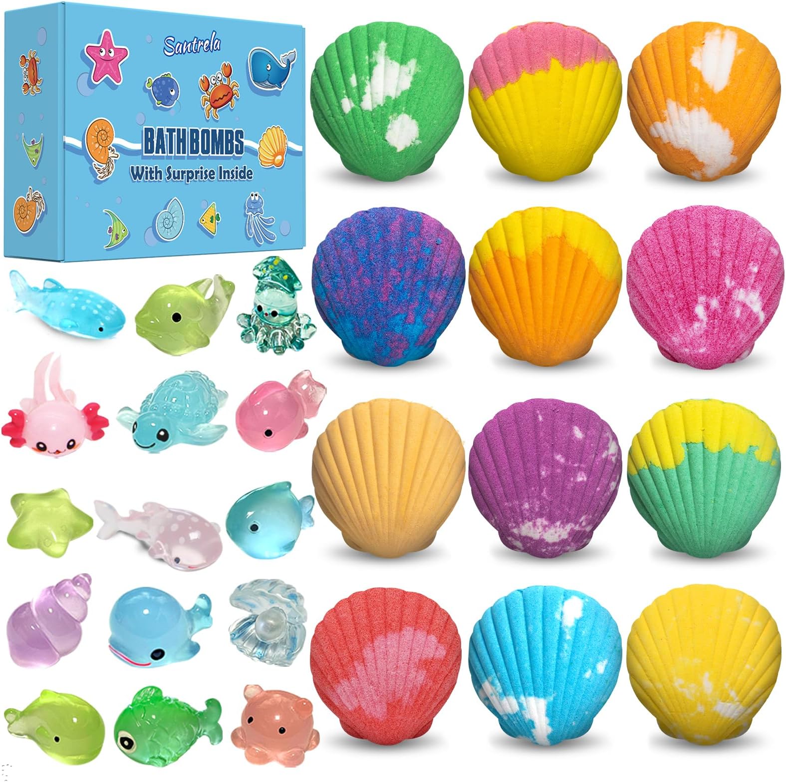 Santrela Bath Bombs for Kids with Surprise Toys Inside for Girls Boys - 12 Shell Kids Bath Bombs Gift Set, Handmade Bubble Bath Fizzes Bomb for Chrildren Birthday Christmas and Party Favor