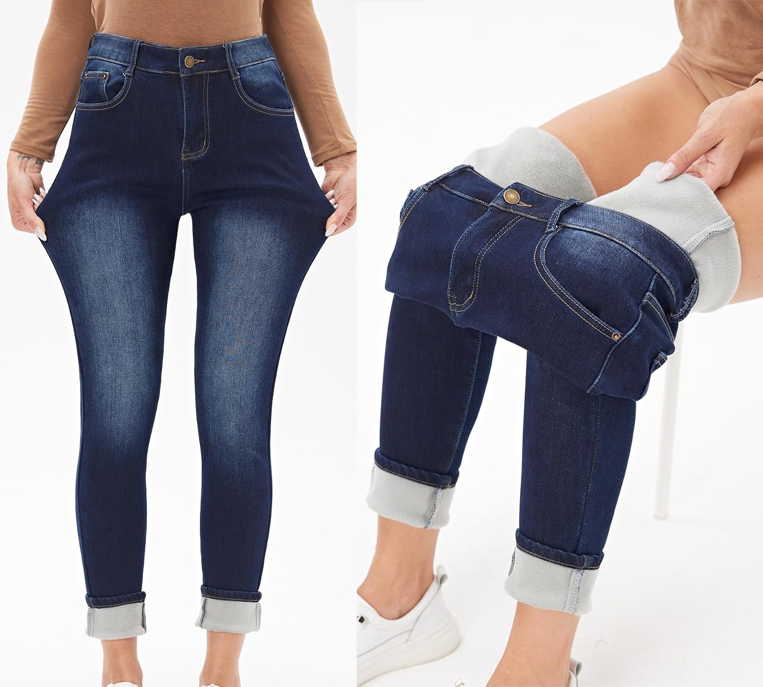 heipeiwa Women's Winter Jeans Fleece Lined Jeans Flannel Thermal Thick Skinny Denim Pants Stretch Warm Jeggings - Image 2