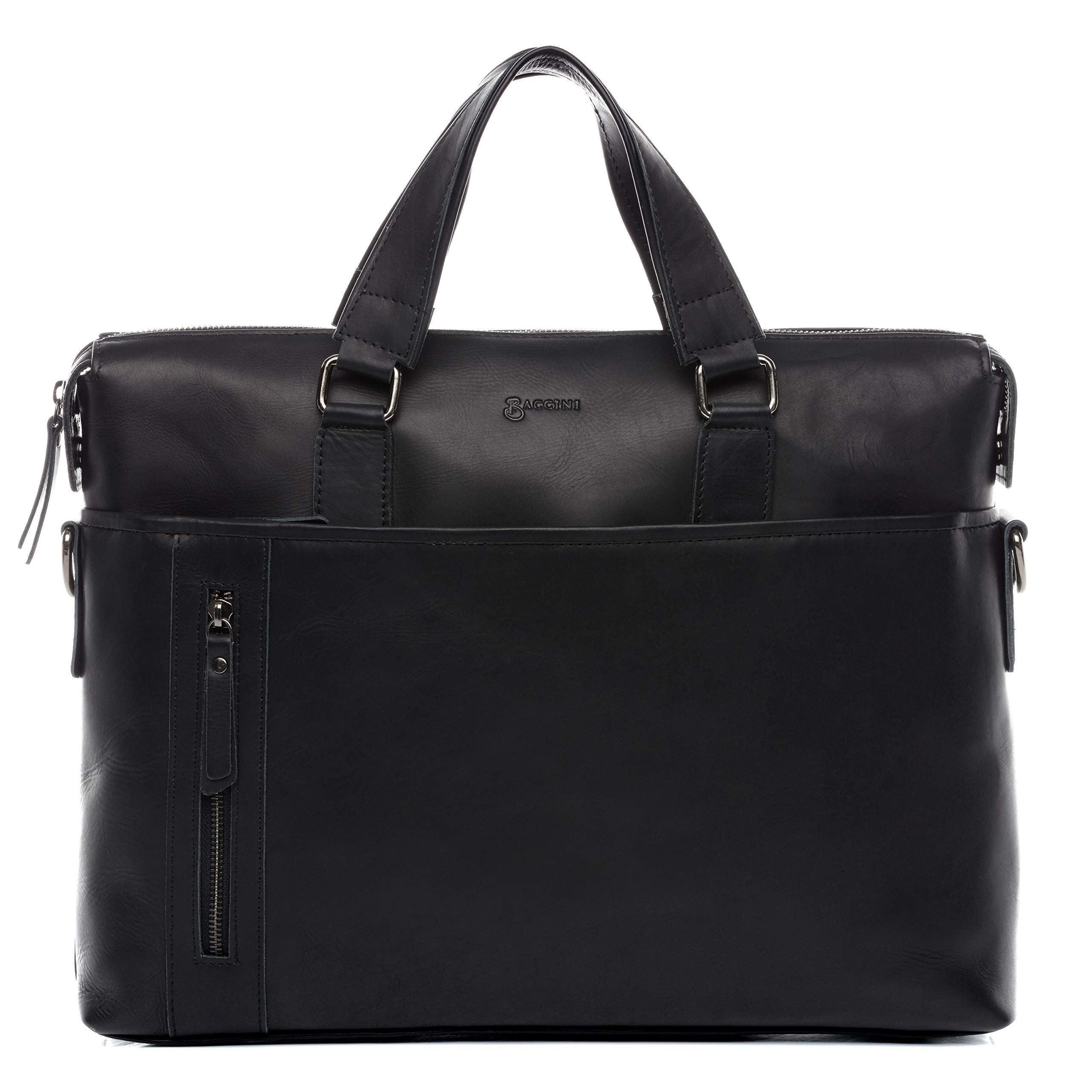 BACCINI Sac bandoulière Ordinateur Leandro | Compartiment 15" Laptop Cuir véritable | Sac Porte-Document en bandoulière Grand Homme Noir | Sac Messager école Etudiante Travail Fait à la Main