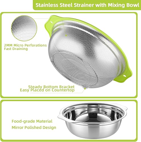 Miniatura 5 de Colador de acero inoxidable microporoso, lavadora de arroz de gran capacidad de 5 cuartos con tazón para mezclar, juego de cuencos coladores de