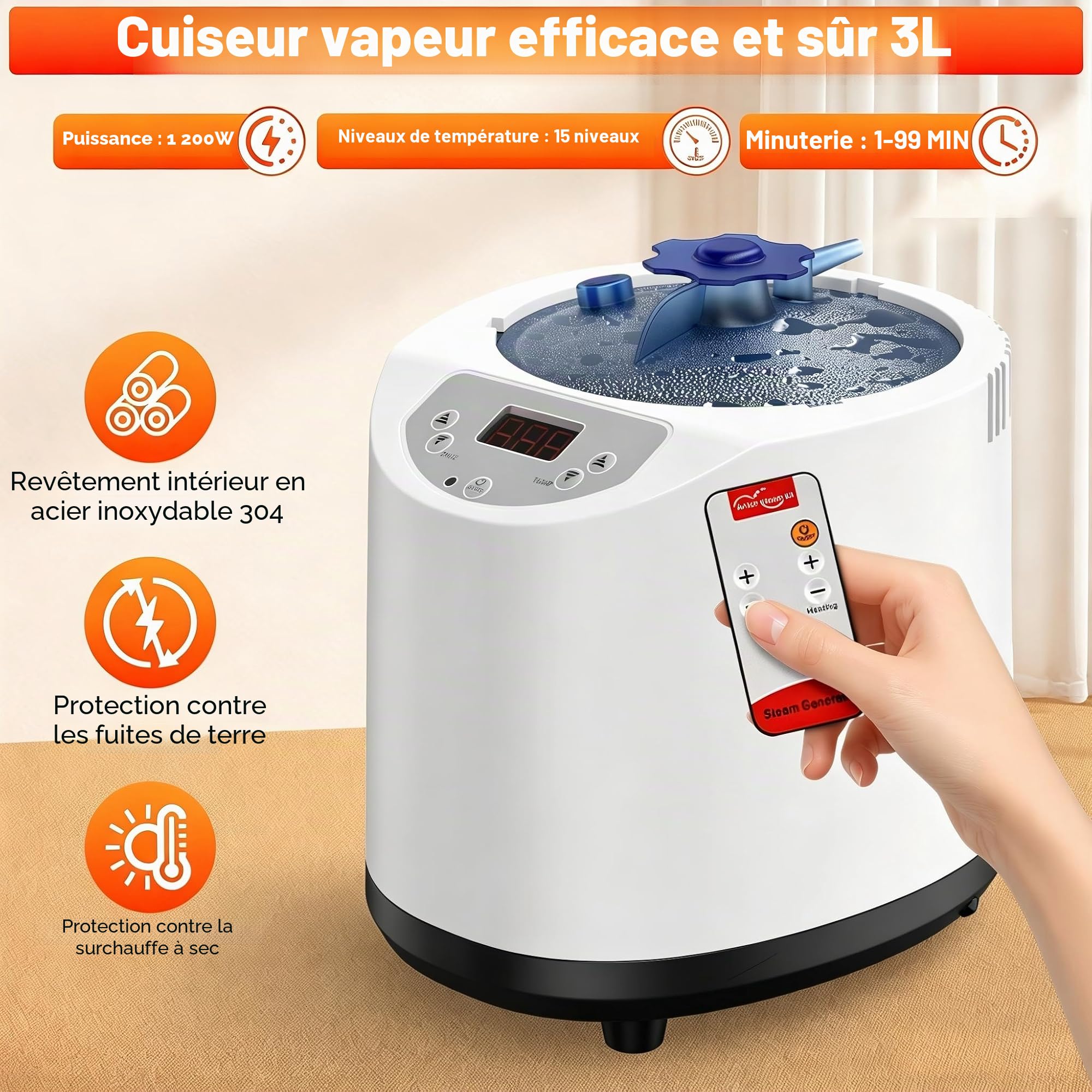 Sauna à vapeur portable infrarouge pour la maison - Générateur de vapeur pour bain de vapeur avec 660 nm Red Light Therapy, 3 l, 1200 W, chauffage rapide, générateur de vapeur avec télécommande