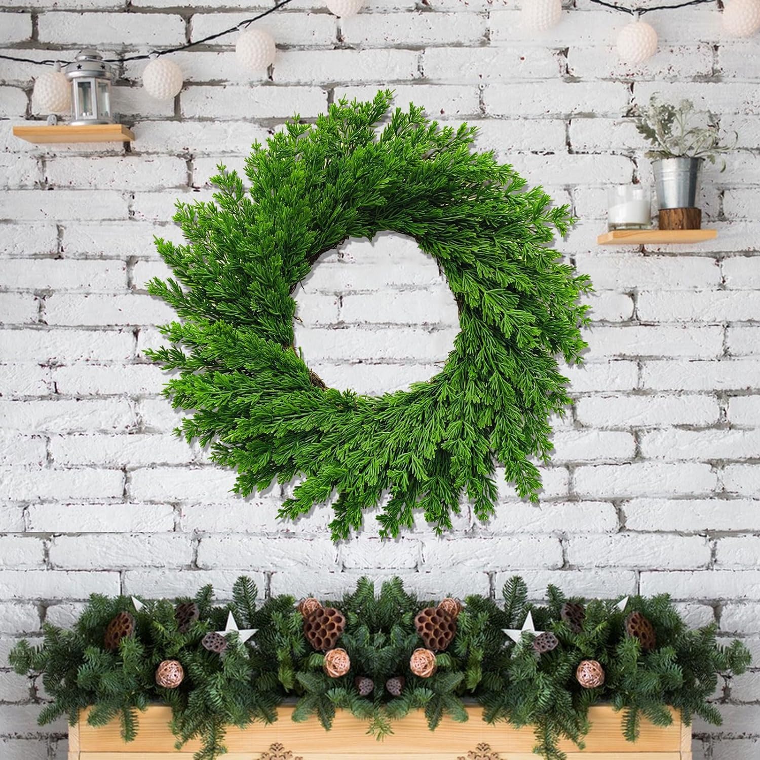 Coronas de pino Norfolk de Navidad de 20 pulgadas, 4 coronas de pino grandes, corona de vegetación artificial de Navidad, guirnalda de cedro sintético para puerta delantera, ventanas, paredes,