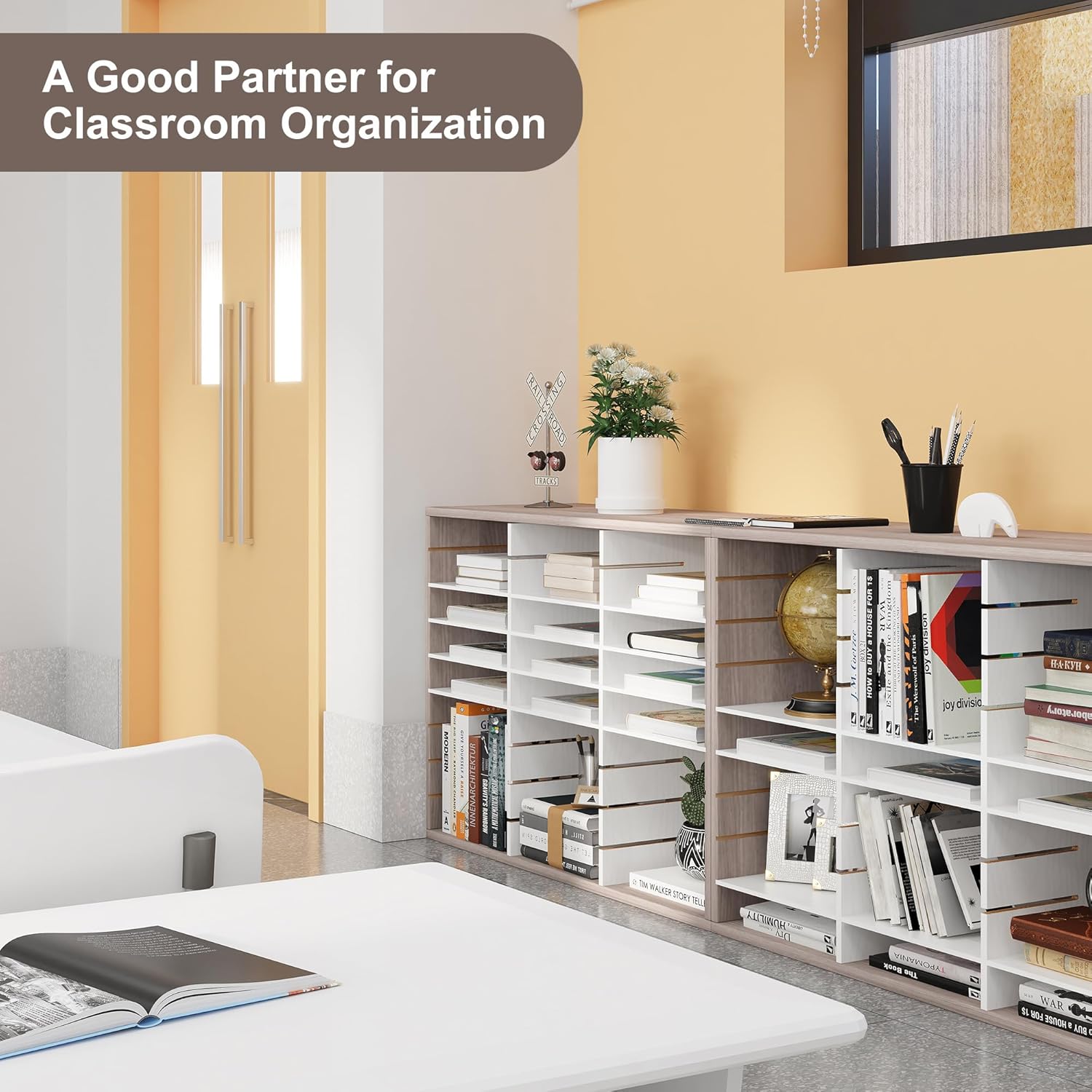 Alpeir Wood Desk Paper Organizer, Hold 13500 Sheets A4 Papers, 27 Slots Adjustable Literature Organizer with Removable Shelves, Classroom Mailbox for Teacher Student Assignment, Retro Grey/White