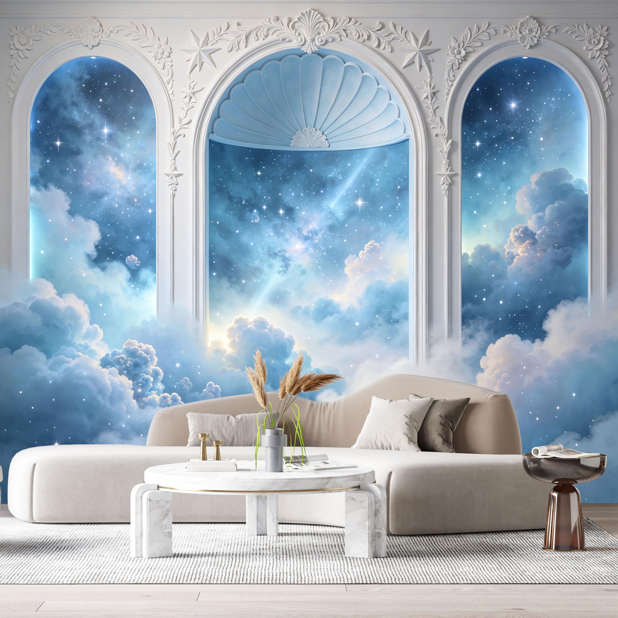 Custom Size Wall Murals Fantasy Night Sky Starry Arched Windows 3D Trompe L'Oeil SelfAdhesiveWall Fabric Removable Wallpaper Wall Decor for Living Room Bedroom Bathroom