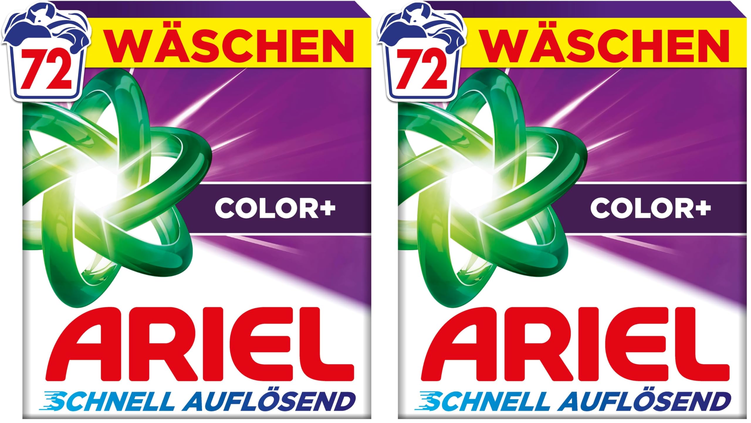 Ariel's schnell auflösendes Pulver Waschmittel Color+, 72 Wäschen, Color+, Fleck-Weg-Power beim 1. Waschen, Sofortige Wirkung, selbst in kaltem Wasser (Packung mit 2)