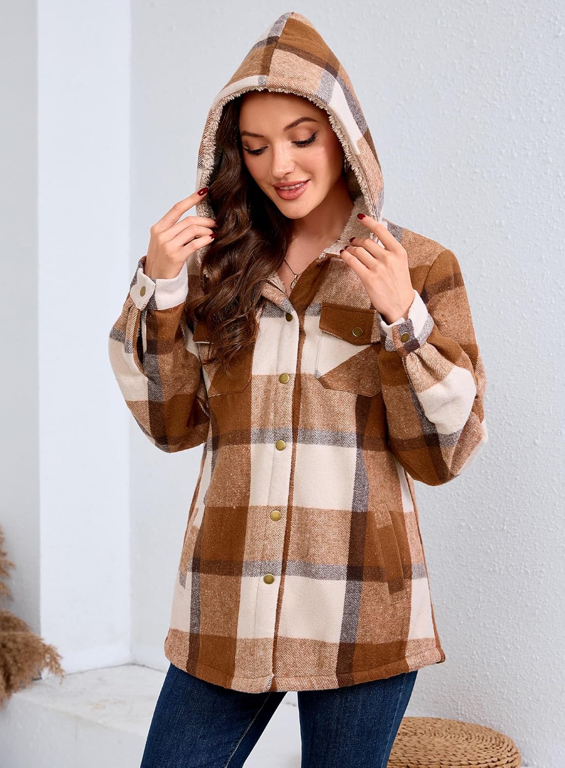 Elesuit Women's Fleece Flannel Jacket Plaid Sherpa Lined Jacket Long Sleeve Button Down Hooded Jackets for Women - Image 6