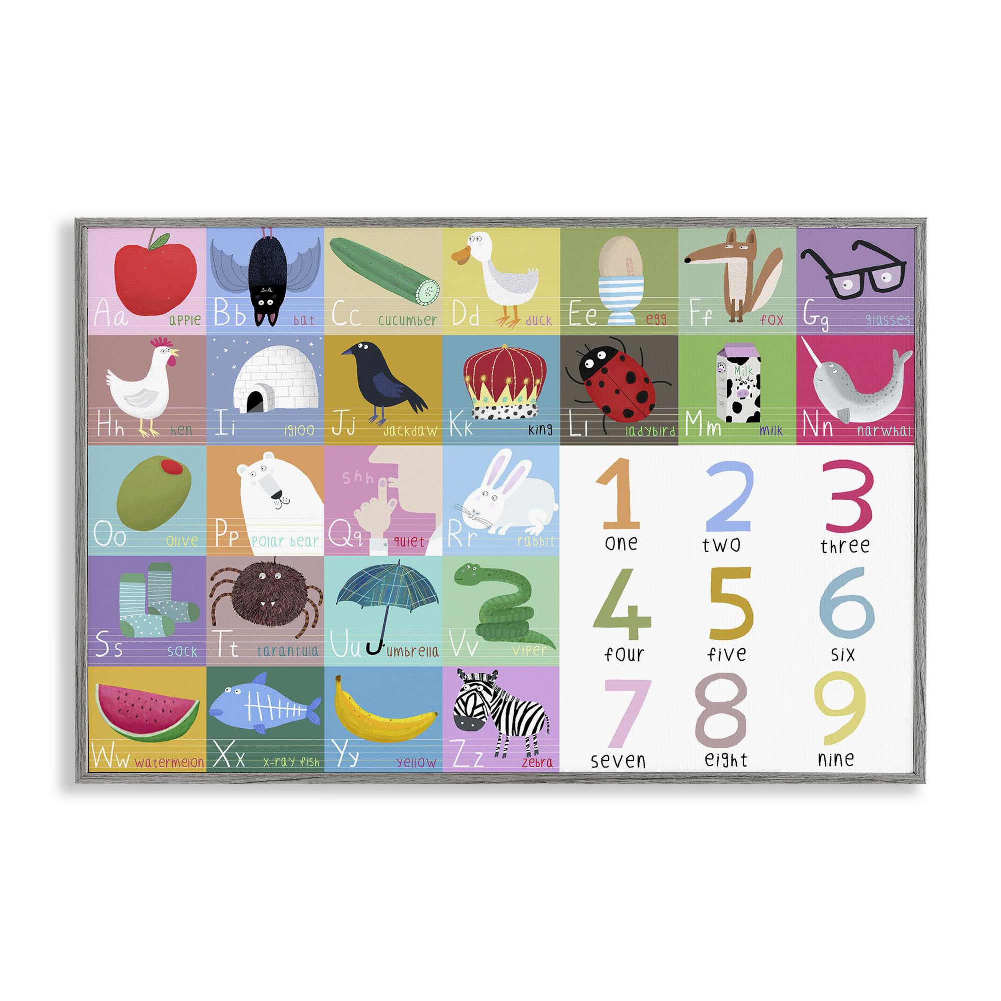 Stupell Industries 'Alphabet & Numbers First Words', Framed Giclee Art, Gray, 30 x 20 Inches, Easy to Hang and Sturdy, Made in USA, by Carla Daly