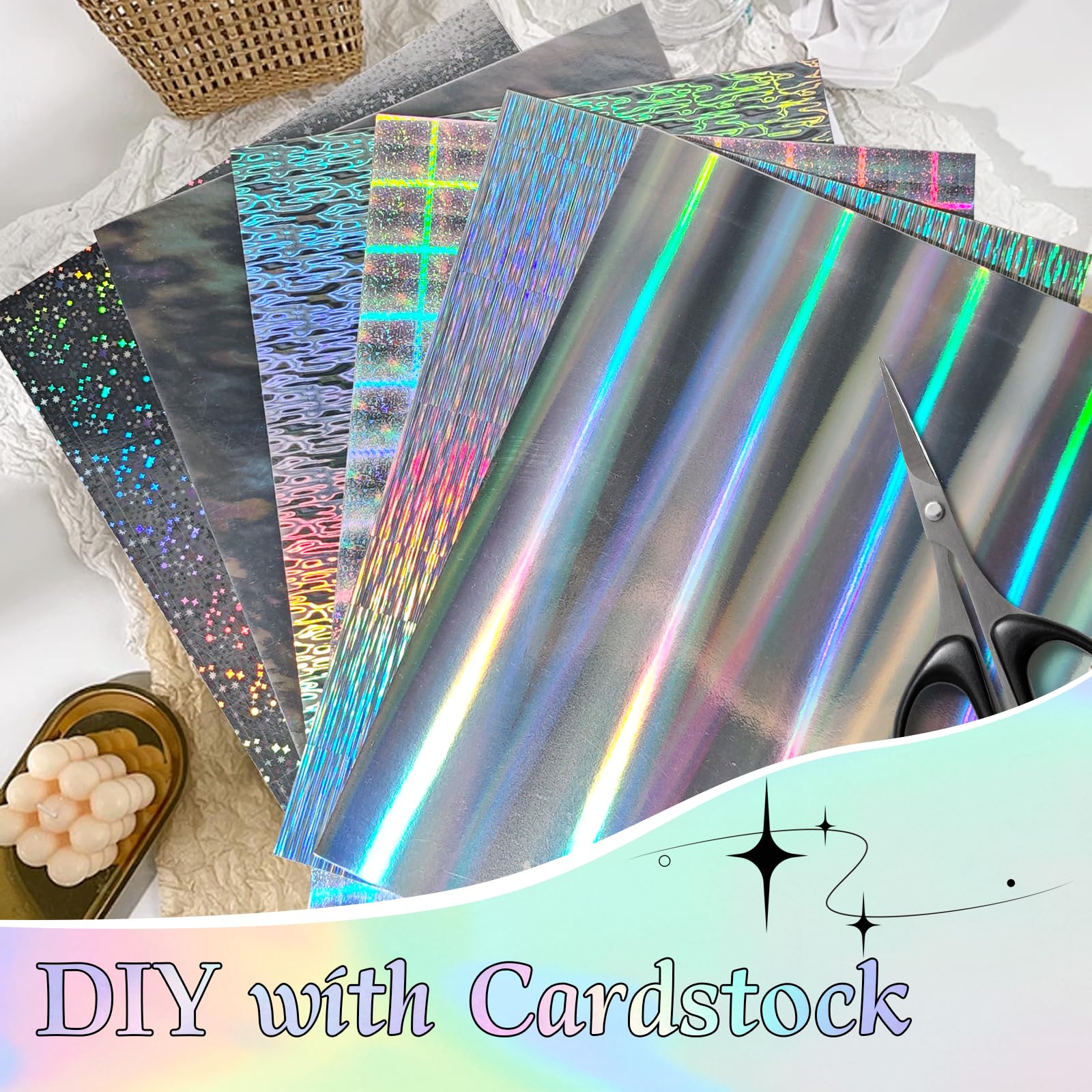 24 arkusze kartonu holograficznego, 21,5 x 28 cm, 250 g/m², 6 mieszanych stylów, metaliczny karton, błyszczący, opalizujący papier lustrzany, gruba folia do scrapbookingu, tworzenia kart, rękodzieła