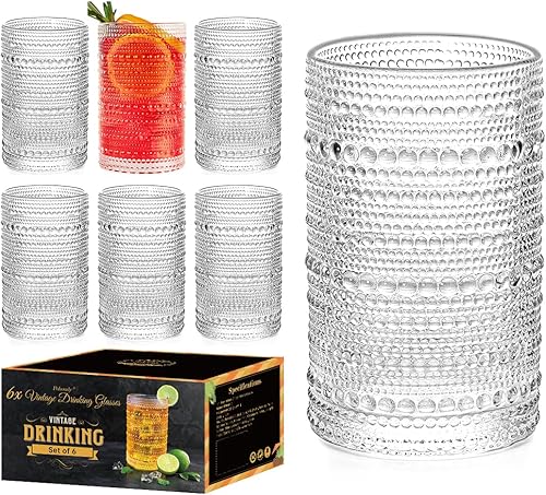 Hobnail - Juego de 6 vasos altos con cuentas vintage de 12 onzas, vasos de cocina retro transparentes, vasos de cristalería pesada para cócteles,