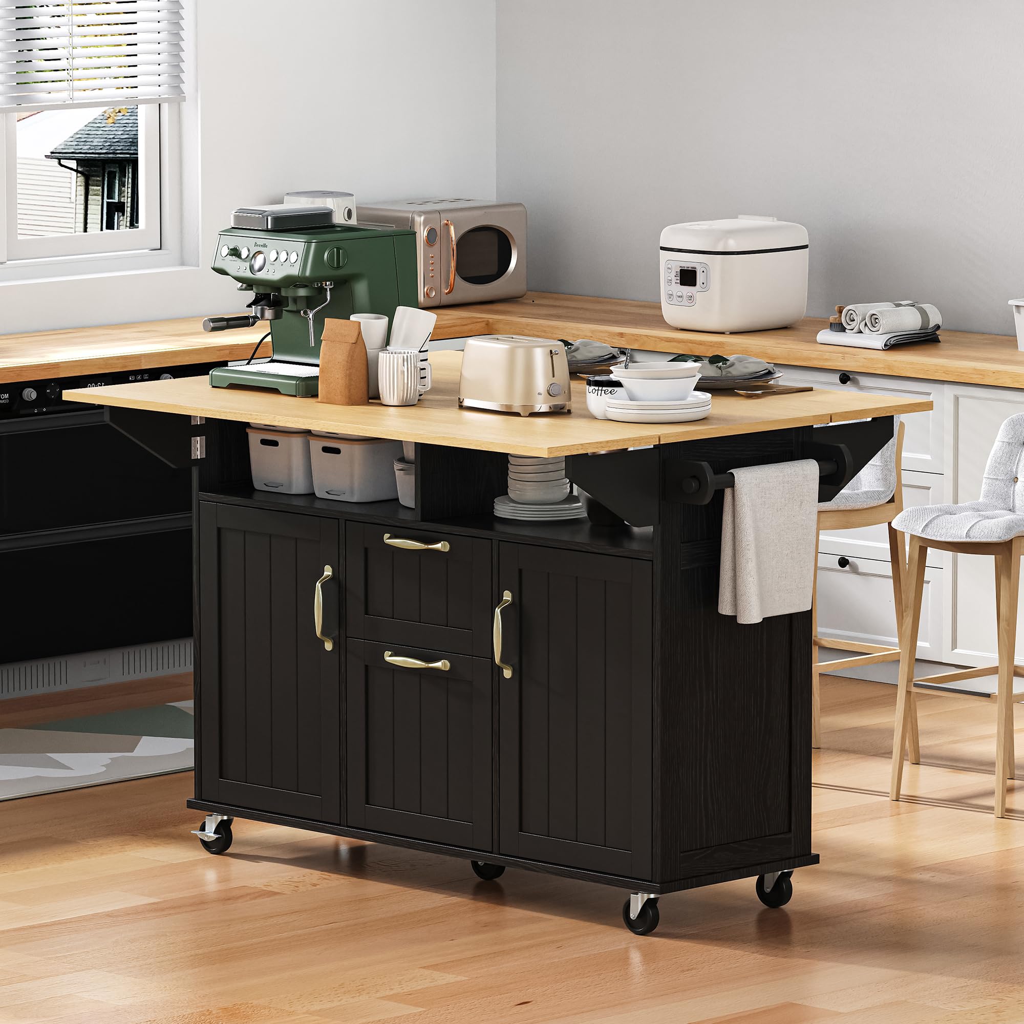 Îlot Central Cuisine, Meuble Cuisine avec Plan de Travail, Multiprises, Poubelle Cuisine, Tiroirs et Porte-Serviettes, Desserte Cuisine sur roulettes pour Cuisine et Salle à Manger, Noir