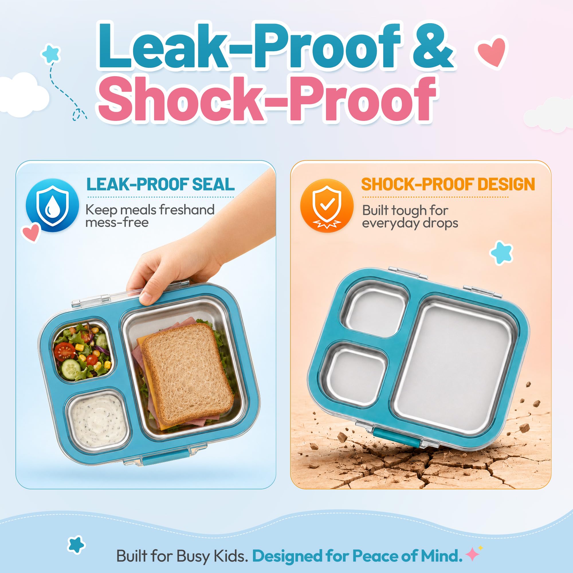 VITONIS Edelstahl Brotdose Lunchbox mit 3 Fächern, Bento Lunch Box Kinder Auslaufsicher BPA frei, Spülmaschinenfest, Perfekt für Schule, Kindergarten & Unterwegs (Blau)