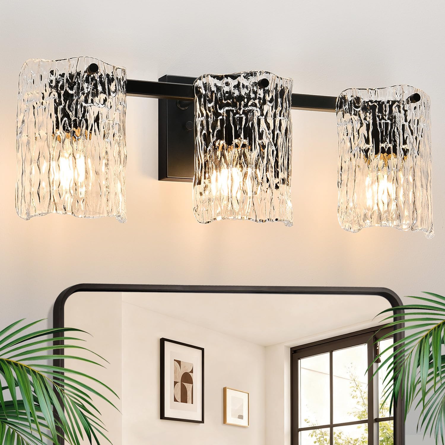 Bathroom Light Fixtures, 3-Light Vanity Lights with Water Ripple Glass Shade, Modern Black Bathroom Lights, Vanity Wall Lamp for Mirror (19.5in)