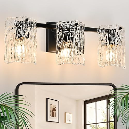 Lámparas de baño, 3 luces de tocador con pantalla de vidrio ondulado de agua, modernas luces de baño negras, lámpara de pared para espejo (19.5