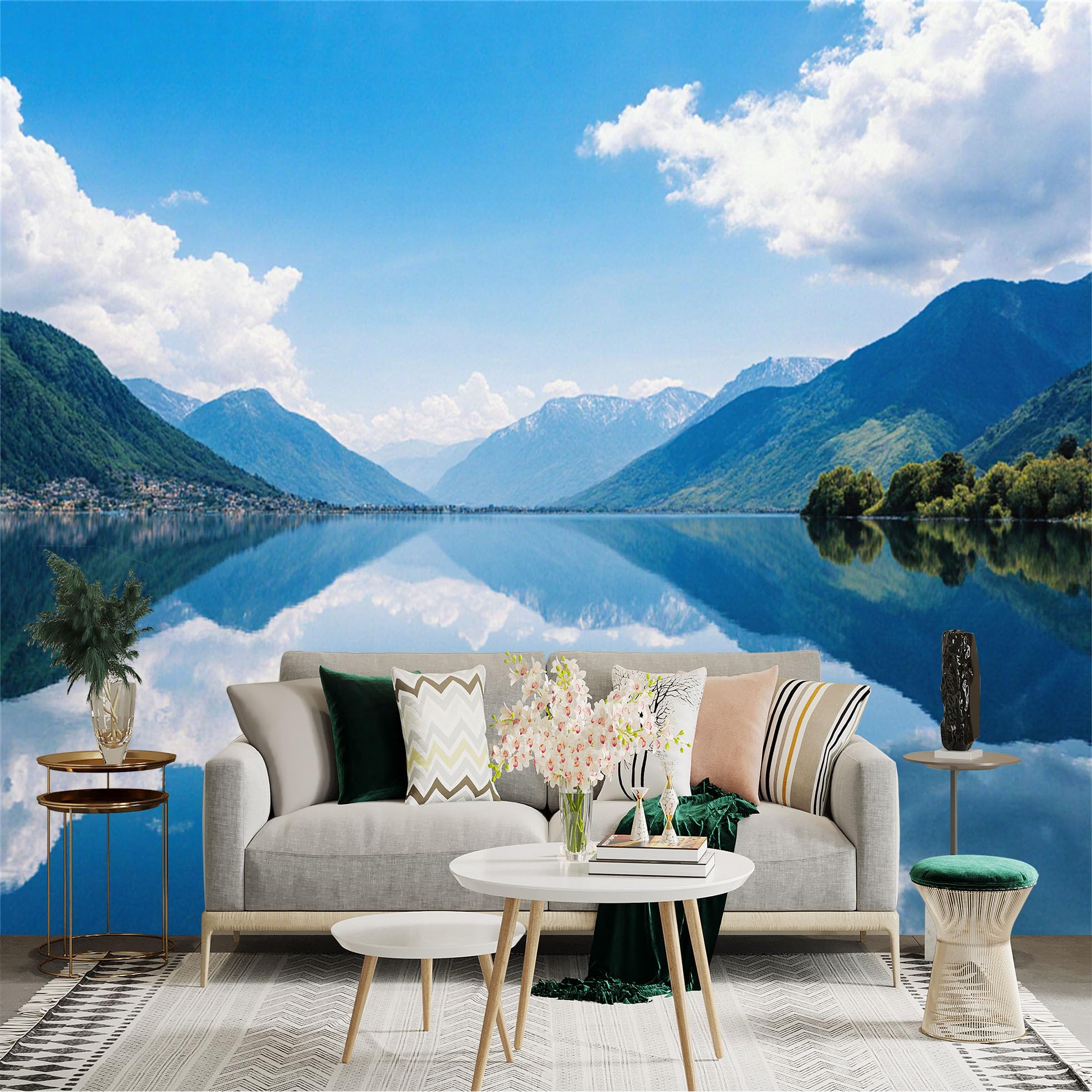 Custom Size Wall Sticker Mural， Serene Blue Mountain Lake， Mirror Reflection of Clouds， Tranquil Nature Landscape， for wall Decoration， peelandstick wall Decals.