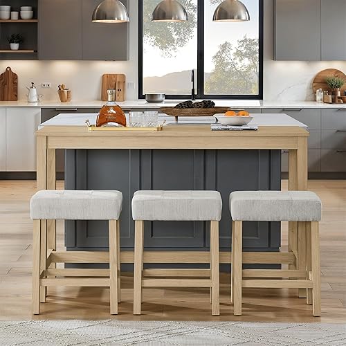 Miniatura 5 de Juego de mesa de bar de 59 pulgadas con toma de corriente, mesa de desayuno industrial de 4 piezas con 3 taburetes tapizados para sala de estar,