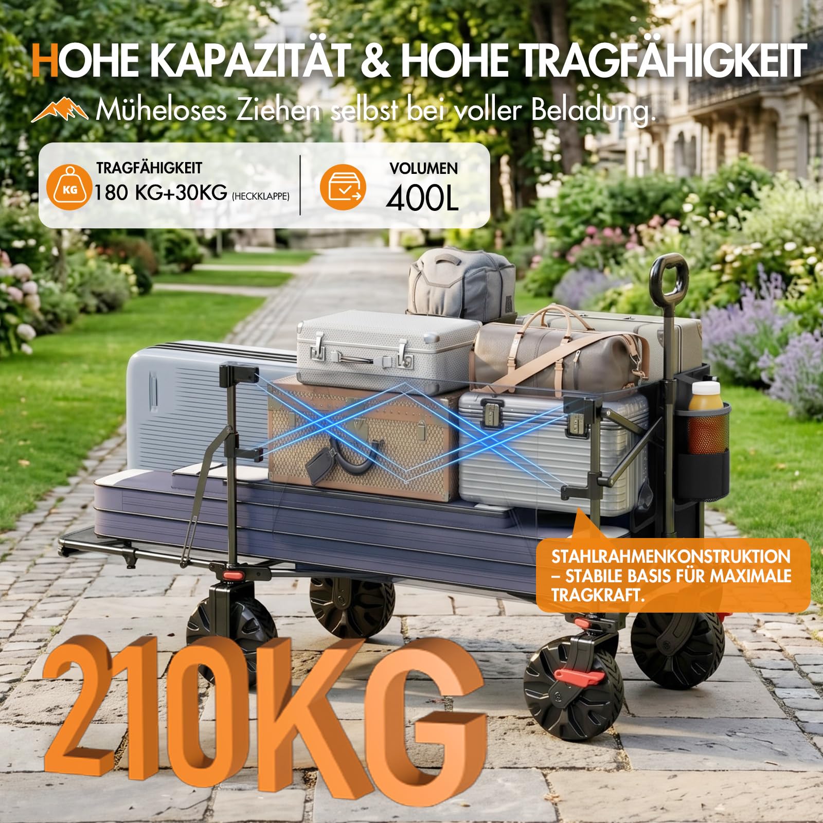 Portal Bollerwagen faltbar 400L XXL Große Ladefläche 210kg belastbar Handwagen mit Faltbarer Heckklappe Transportwagen Leiterwagen klappbar Strandwagen Faltwagen für Garten Camping Festival