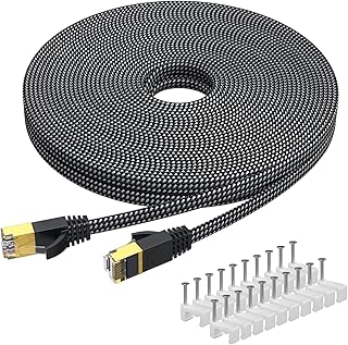 KINBETA Cat 7 Ethernet Cable 15m, High-Speed 10Gbp 600Mhz Gigabit Cat7 Internet Network Ethernet Cable Flat Braided Lan Rj45 Patch Cord Shielded With Clips for Xbox PS3 PS4 PC Laptop Router TV
