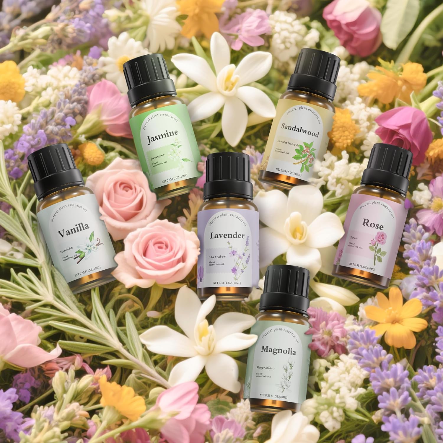 Aromatherapy Essential Oils Set - 6 Pre-Blended Scents for Diffuser: Lavender, Vanilla, Jasmine, Frankincense, Sandalwood, Rose (10ml Each) | Relaxing Scents for Home, Sleep&Stress Relief - Image 4