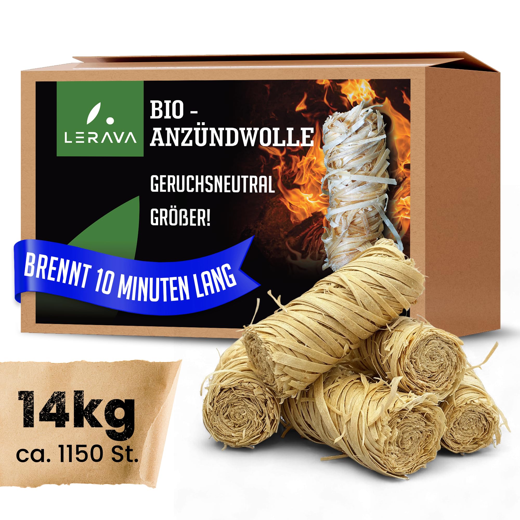 LERAVA® Anzündwolle (14kg ca. 1150 Stück) Natur Kaminanzünder & Grillanzünder - Ofenanzünder aus Holzwolle - Perfekter Anzünder für Kamin, Grill & Ofen - Umweltfreundliche Feueranzünder, Holzanzünder
