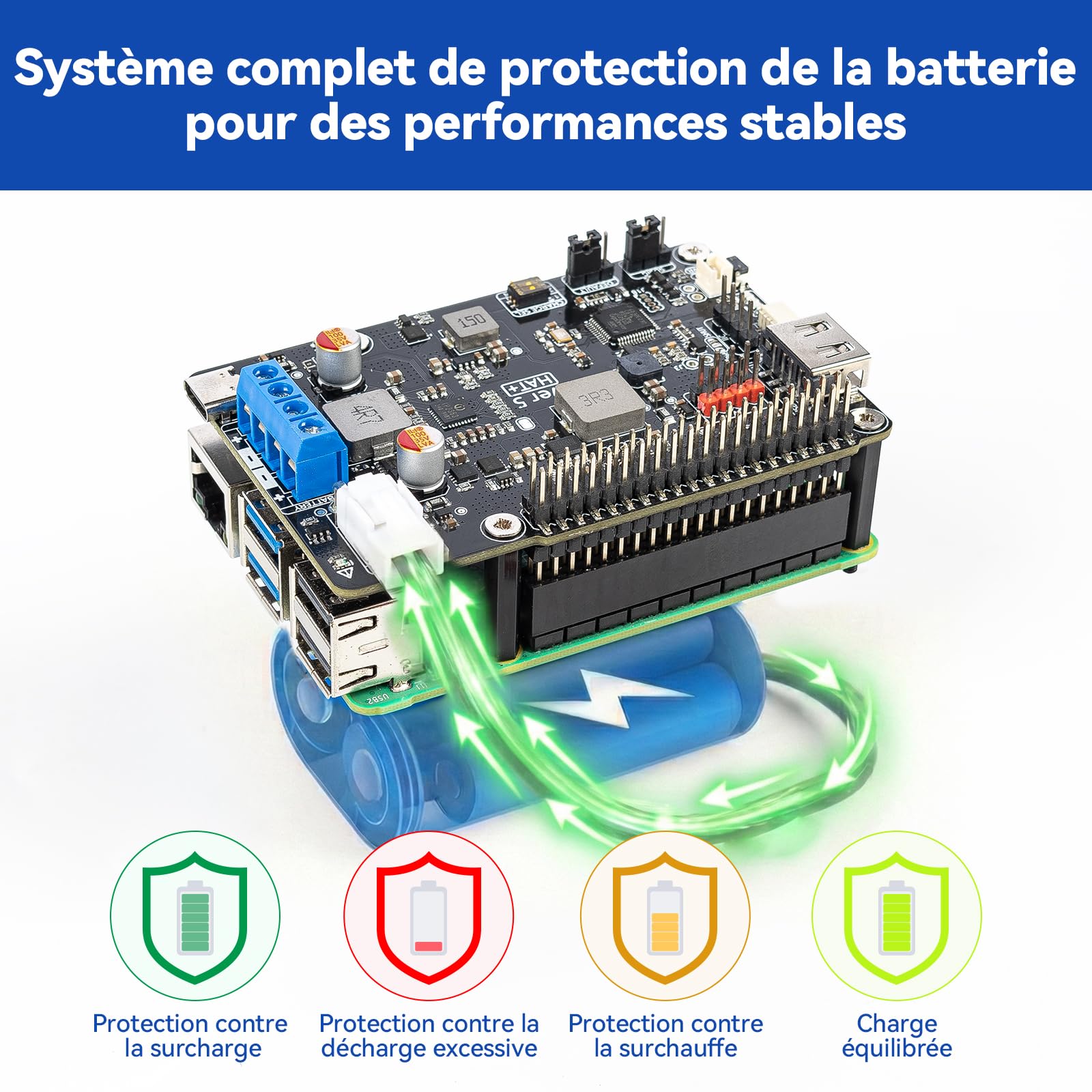 PiPower 5 UPS Hat pour Raspberry Pi 5/4B/3B+/Zero 2 W, Alimentation 5V/5A avec Batterie de Secours, arrêt sécurisé, alertes intelligentes, USB-C PD 45W pour NAS, Serveur et Home Assistant