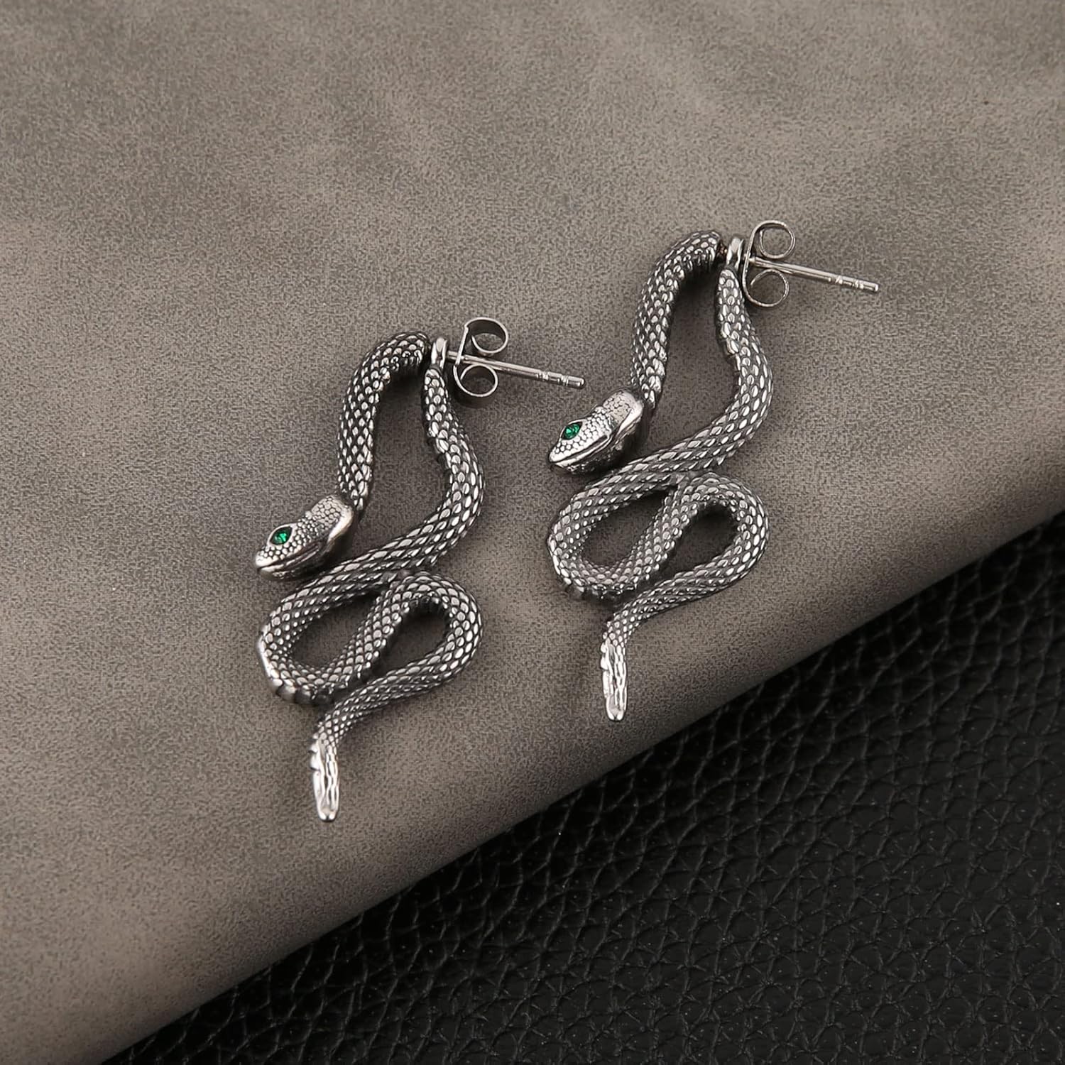 HZMAN Gothic Snake Earring Stainless Steel Punk Hip Hop Green Eye Animal Snakes Piercing Earrings Party Jewelry Gift for Men Women - Image 2