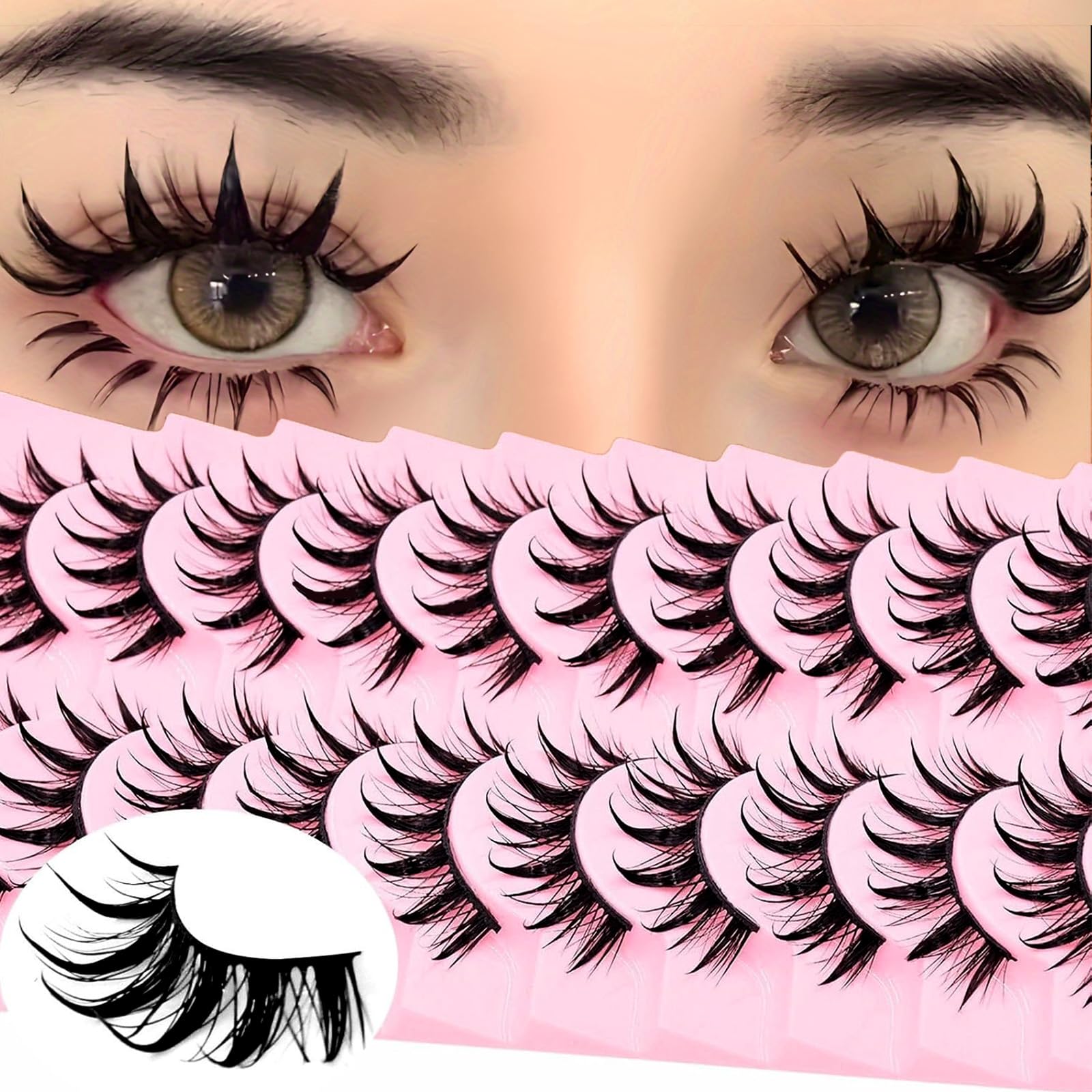 10 Pairs Manga Lashes Natural Look Wispy Clusters 16mm Spiky Style Japanese Anime Cosplay Cat Eye Lashes Extension Makeup Faux Mink False Eyelashes (A0)