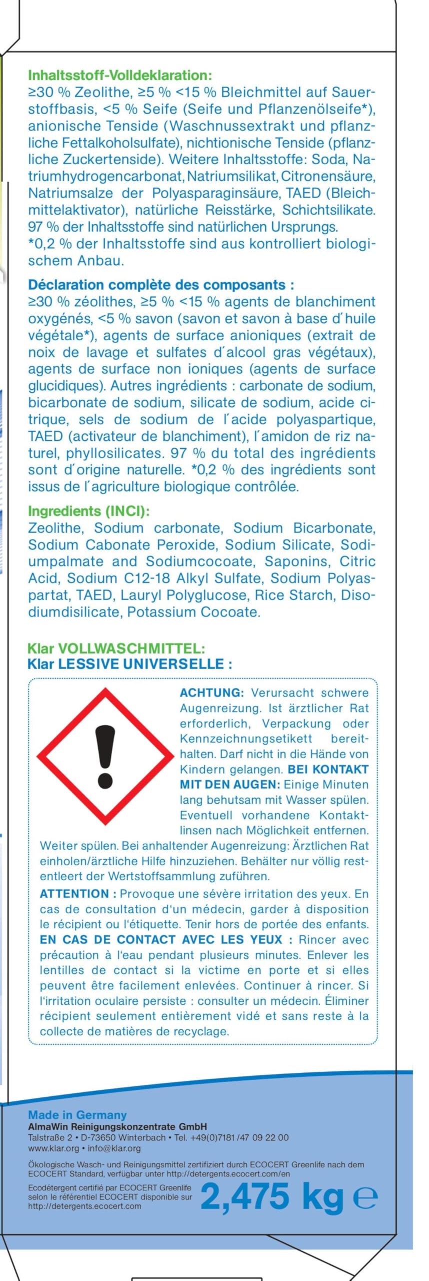 Klar eco Sensitive Vollwaschmittel 4x2,475kg, ohne Duft, 45 Waschladungen, für Allergiker, vegan
