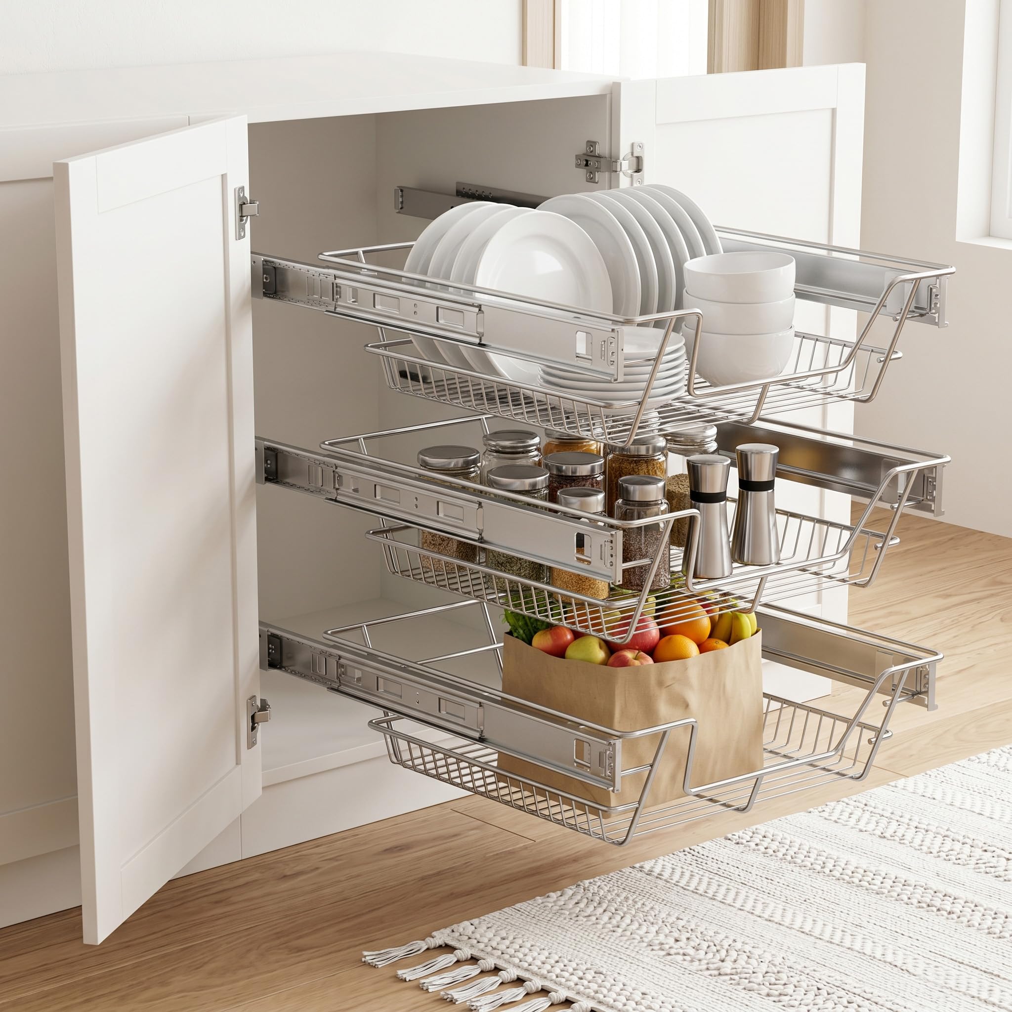AufuN 2 Stücke Teleskopschublade Ausziehbare Schrankauszug Ablage Küchenschublade Regal Schlafzimmerschublade Küchen Korbauszug (Für 50cm Schränke)
