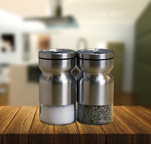 Miniatura 4 de Salero y pimentero Cubierta de acero inoxidable con parte inferior de vidrio con cubierta giratoria para especias (plateado)