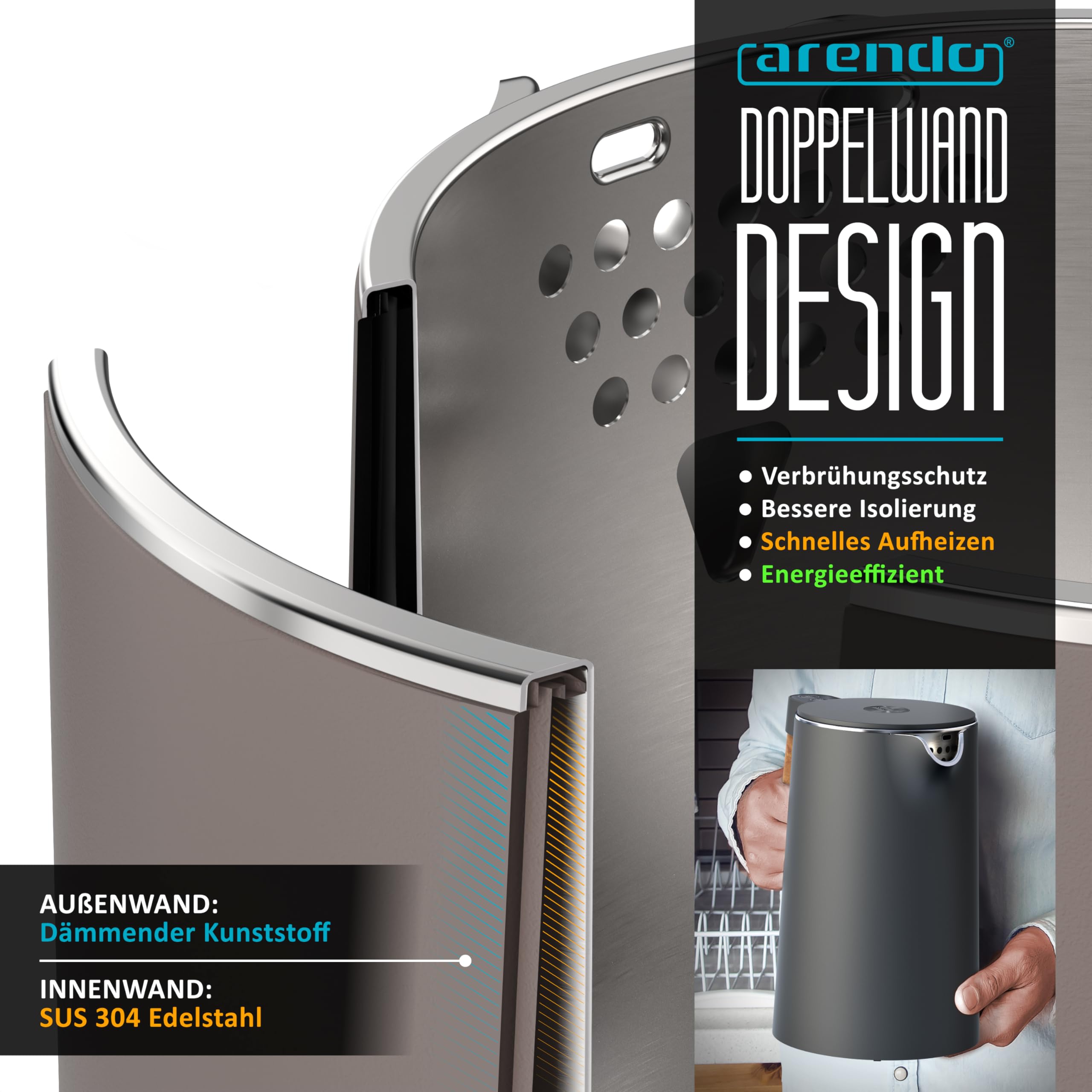 Arendo - Wasserkocher Edelstahl mit Temperatureinstellung - 45°C-100°C - 1.5 Liter - Doppelwand - BPA frei - Warmhaltefunktion - Teekocher mit Temperaturanzeige - Griff Cool Touch - Taupe