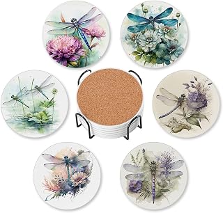 Dragonfly Drink Coasters for Drinks Set of 6,Watercolor Flowers Absorbent Round Ceramic Stone Mat Coaster,with Cork Base and Metal Holder, Home Bar Decor House Warming Gift