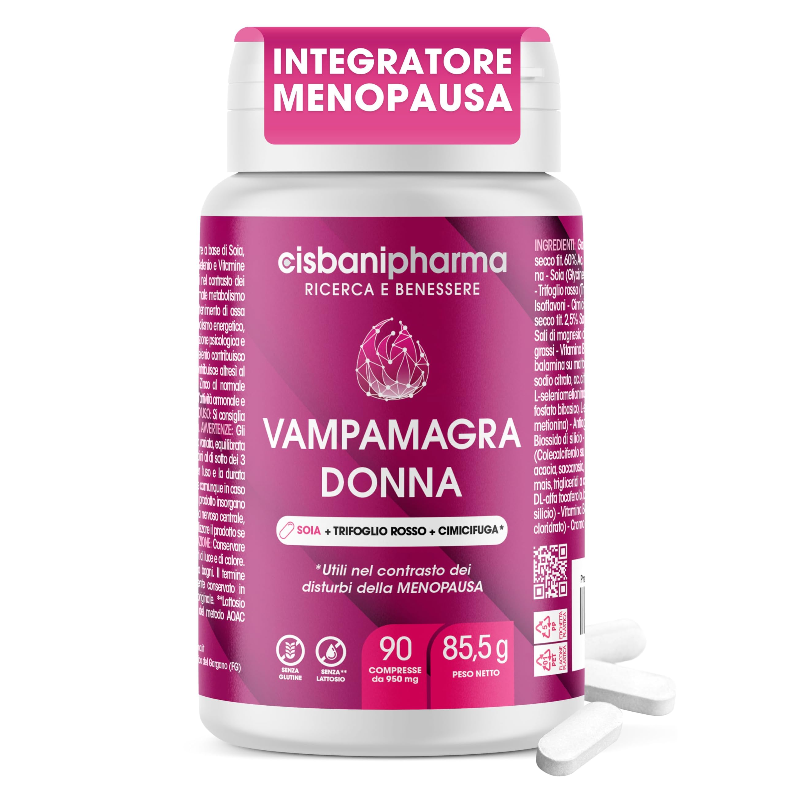 CISBANI PHARMA Vampamagra Menopausa Integratori, Regola l'Attività Ormonale grazie a Trifoglio Rosso, Cimicifuga e Soia - Riduce i Disturbi come Sudorazioni – 90 compresse