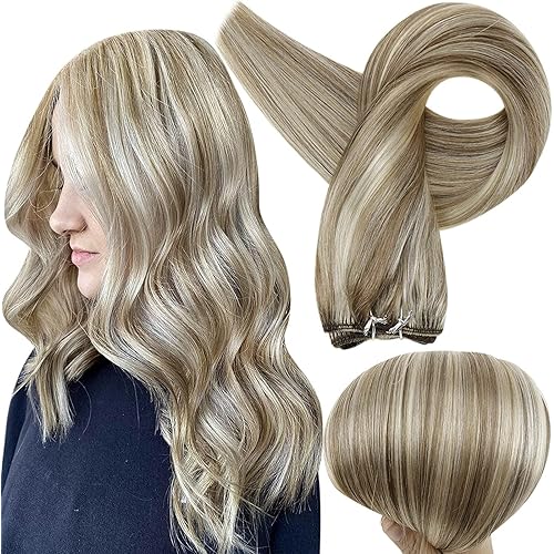 Full Shine Sew In Hair Extensions Double Weft One Piece Hair Extension No Clip In Colored Hair Bundles 22 Inch Human Hair Blonde Weft Hair Bundles Weft Highlighted Hair Extensions 8 Highlight 60