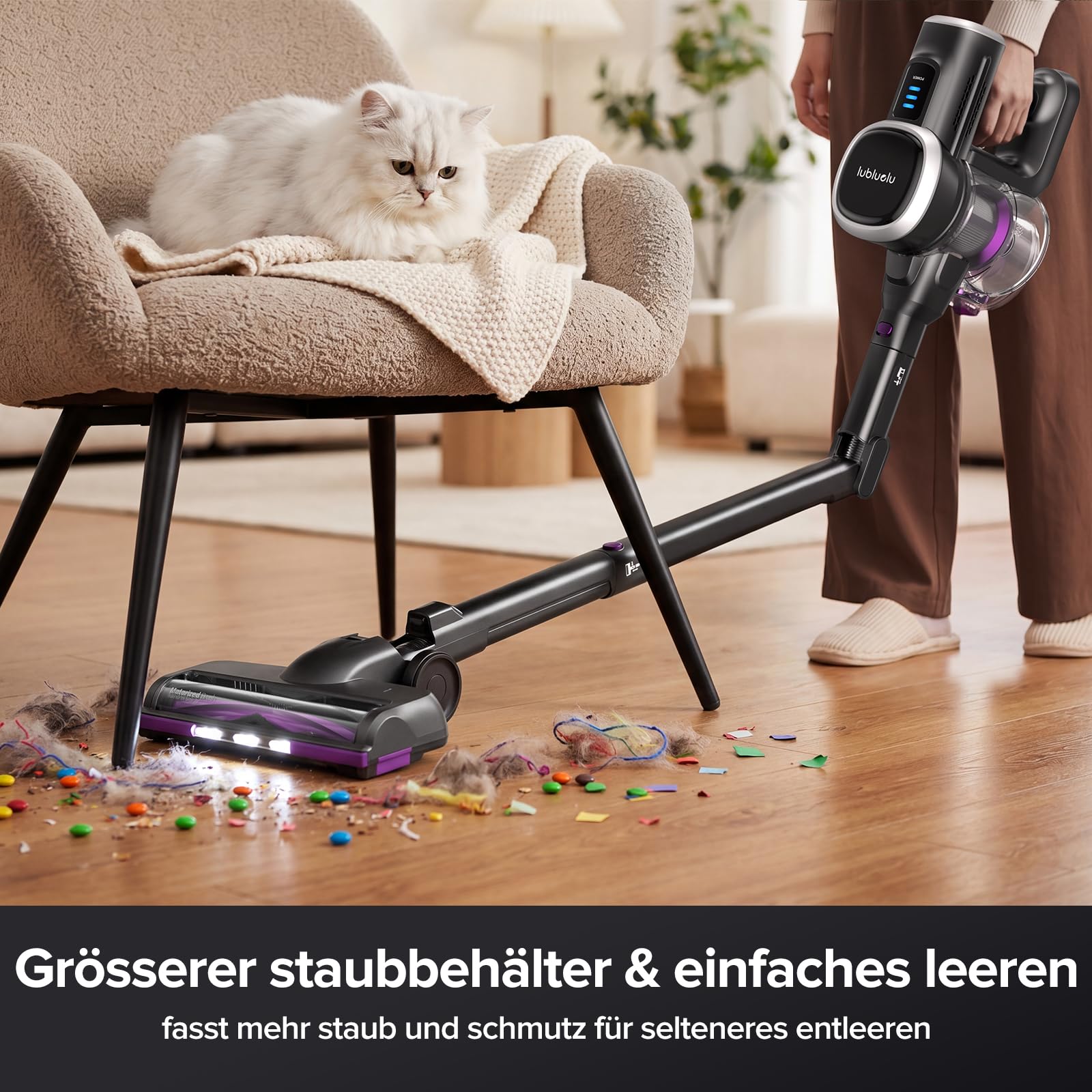 Lubluelu Akku-Staubsauger 48KPa 450W | Kabellos bis 50 Min Laufzeit | Faltbares Knickrohr | Anti-Tangle Bürste | Großer Staubbehälter | Leise & Selbststehend für Hartboden, Teppich & Tierhaare
