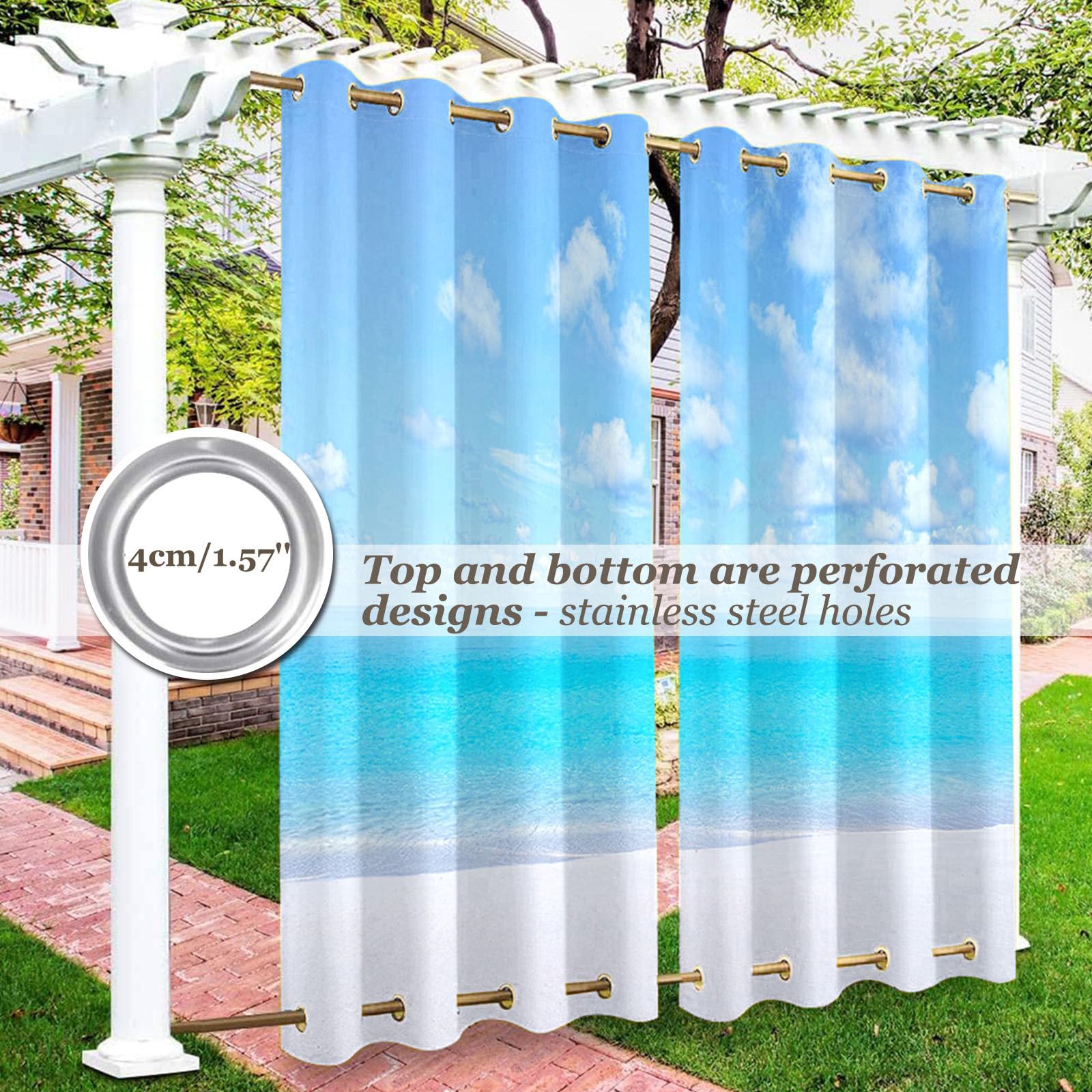 Hiseng Outdoor Vorhänge Wetterfest mit Ösen Oben und Unten, 3D Bambusblatt Muster wasserdichte Outdoorvorhänge 2 Set Verdunkelungsvorhang Sichtschutz Vorhang (Grün Bambus,137x243cm)