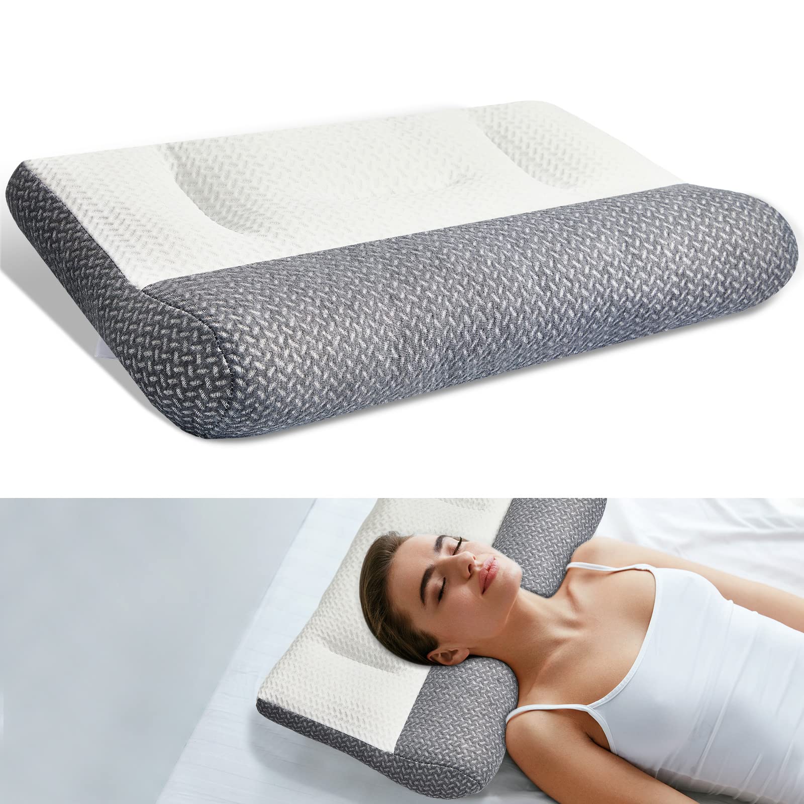 GeelinErgonomic Pillow, Adjustable Ergonomic Contours Orthopedic Bed Pillow Adjustable Neck and Shoulder Pain Pillow for All Sleeping Positions, White and Gray, 23.6 x 15.8 x 3.9 Inch