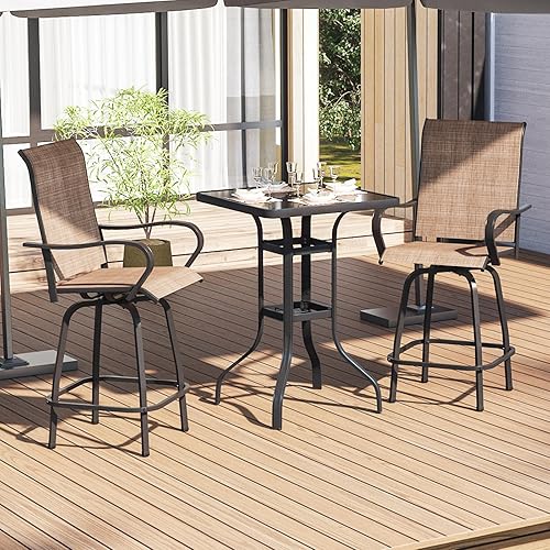 Aoxun 3 Pcs Outdoor Swivel Bar Stools Set - 2 Patio Bar Stools with 1 Bar Table, Outdoor Bar Table and Chairs Set for Yard, Garden, Balcony
