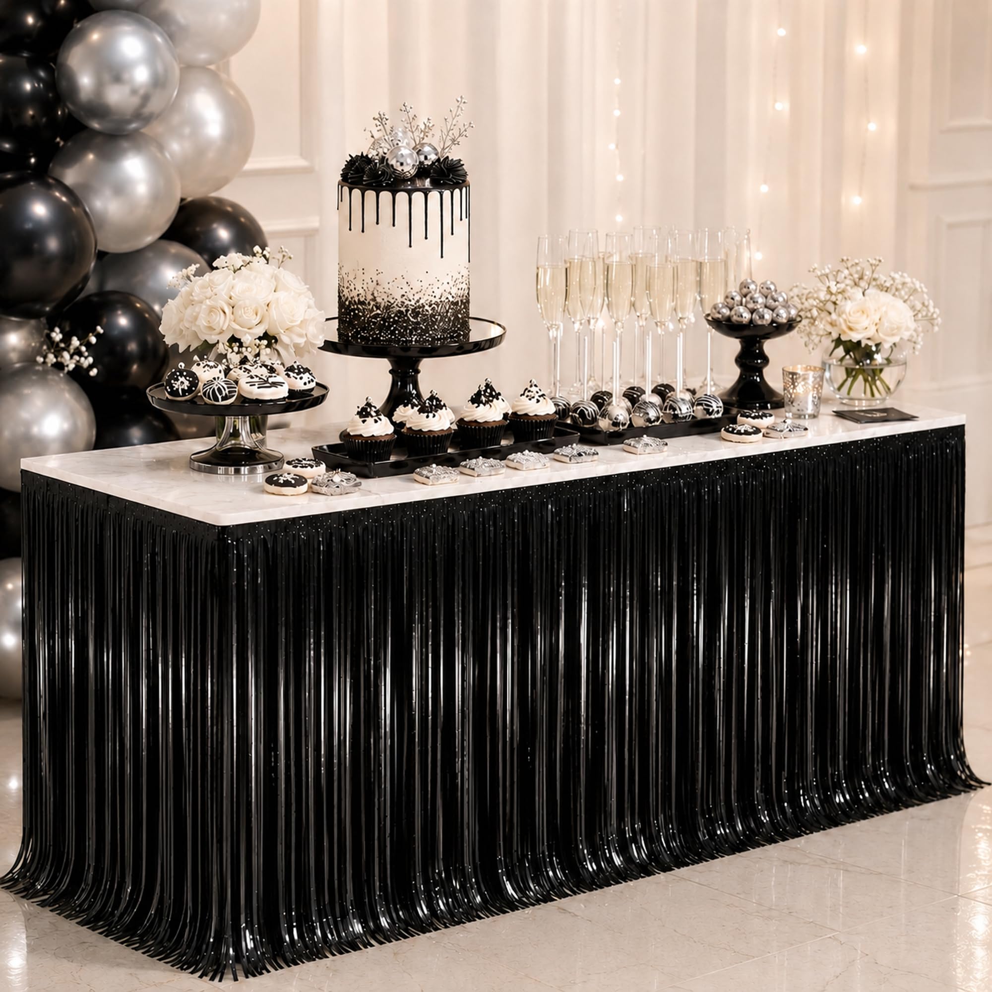 6-Pack Black Foil Fringe Table Skirt, Disposable Metallic Tinsel Streamers, Photo Backdrop Party Decorations for Graduation, Halloween, Wizard Theme, Casino, New Year &amp; Float Parade, 29x108 Inch
