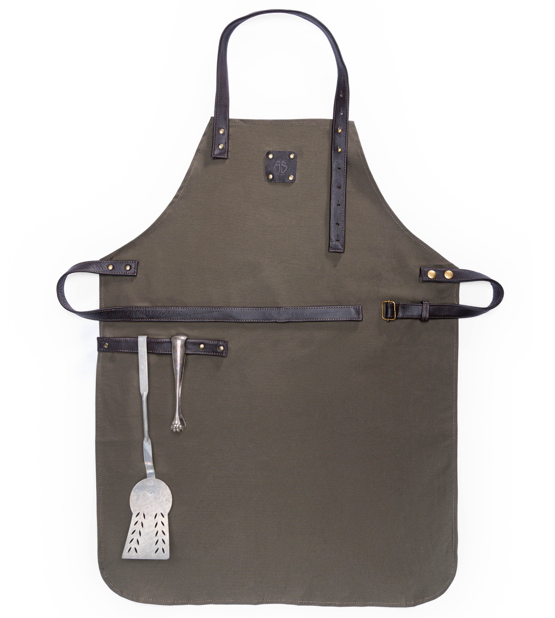 Angus Stoke Grembiule da cucina in tela/cotone – Grembiule da barbecue variabile con cinghie in pelle – Grembiule da cuoco Dylan, verde scuro, Taglia unica