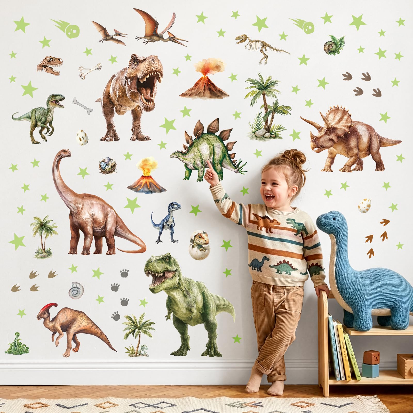 DECOWALL Adesivo da parete con dinosauro luminoso, grande T-Rex luminoso, triceratopo e vulcano, decorazione luminosa del cielo notturno, per cameretta dei bambini e sala giochi (GDS4-7004)